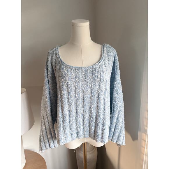 Free People Good Day Ribbed Blue Oversized Cropped Sweater Womens Medium - Picture 2 of 11